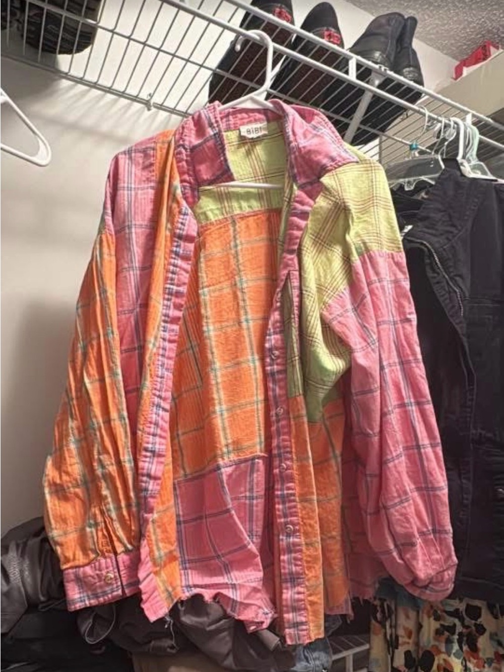 BiBi Pink Orange Green Plaid Button-Down Shirt